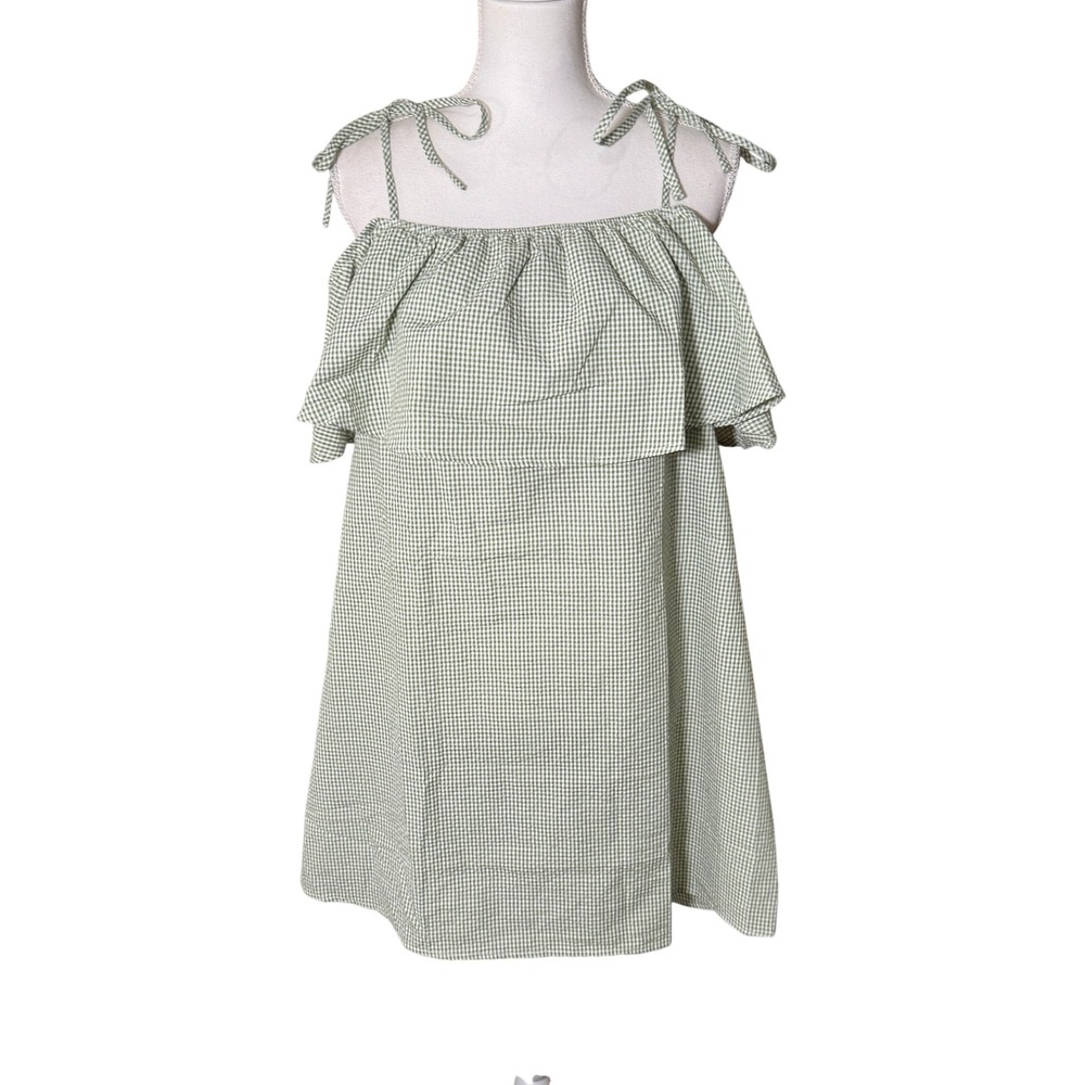 Hayden Los Angeles Gingham Ruffle Off-Shoulder Tie Strap Dress Green White L NWT